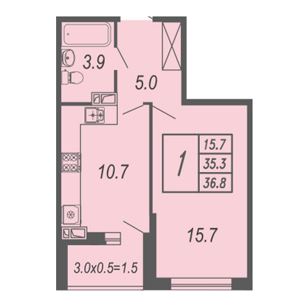 1 комнатная 36.8м²