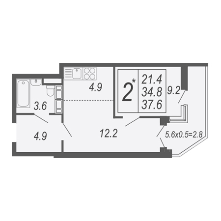 1 комнатная 37.6м²