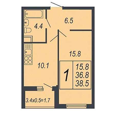 1 комнатная 38.5м²