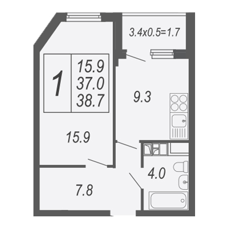 1 комнатная 38.7м²