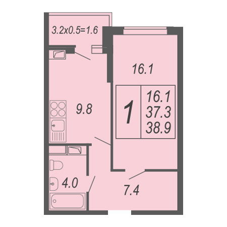 1 комнатная 38.9м²