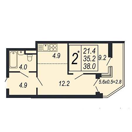 1 комнатная 38м²