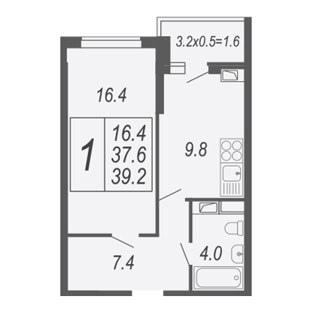 1 комнатная 39.2м²