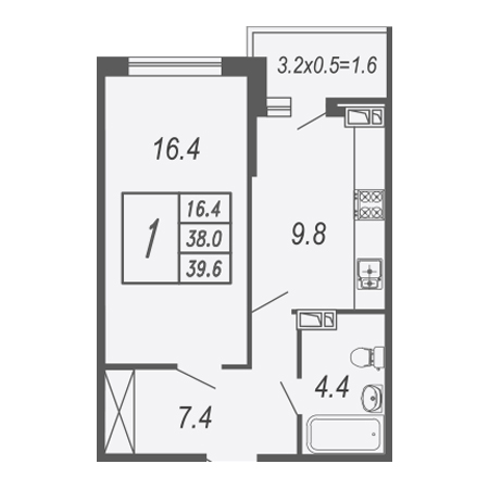 1 комнатная 39.7м²