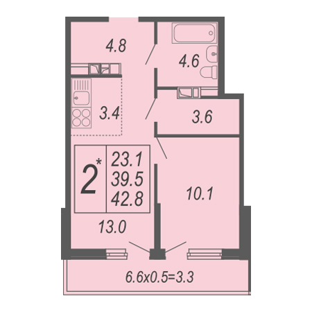 1 комнатная 42.8м²