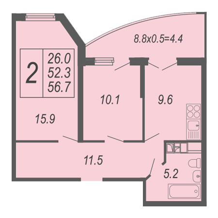 2 комнатная 56.7м²