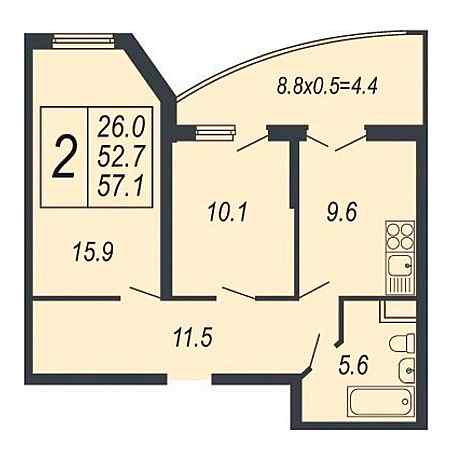 2 комнатная 57.1м²