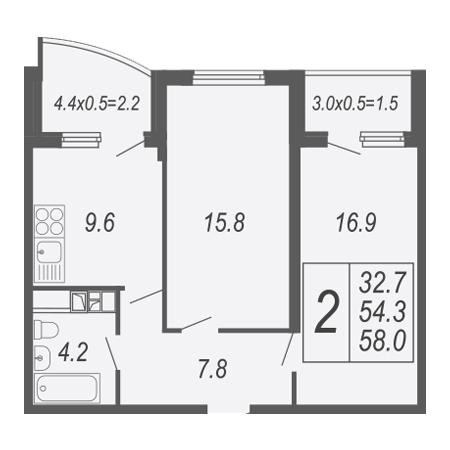 2 комнатная 58м²