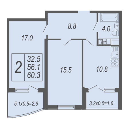 2 комнатная 60.3м²