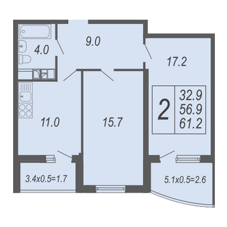 2 комнатная 61.2м²