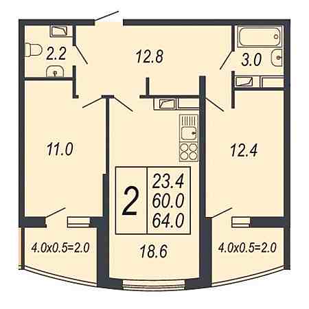 2 комнатная 64м²