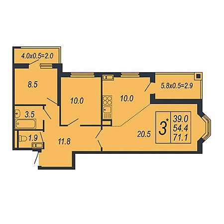 2 комнатная 71.1м²