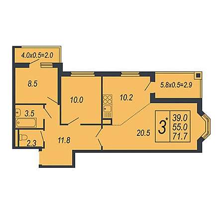 2 комнатная 71.7м²