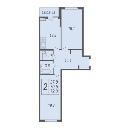 2 комнатная 72.3м²