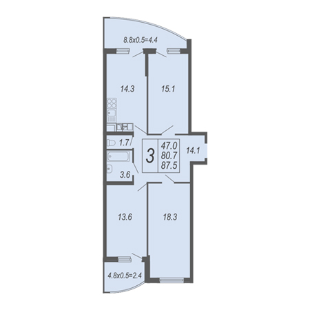 3 комнатная 87.5м²