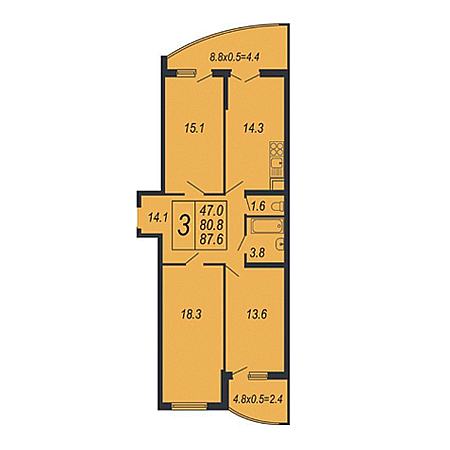 3 комнатная 87.6м²