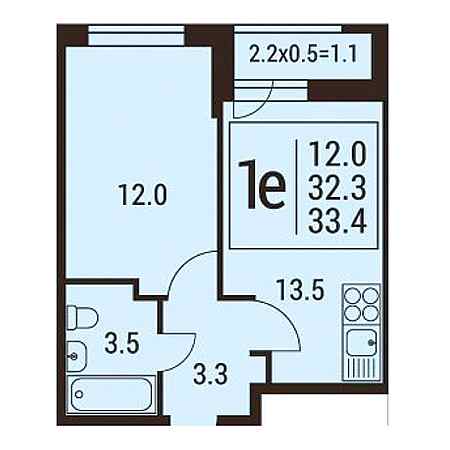 1 комнатная 33.4м²