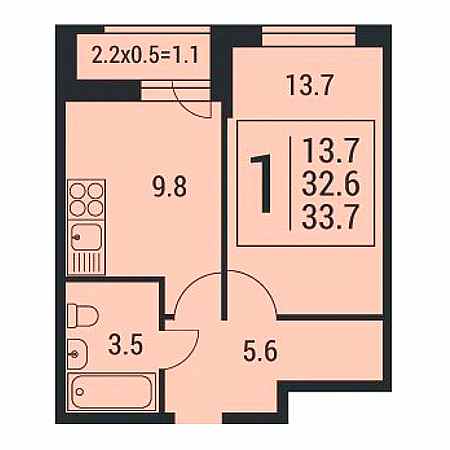 1 комнатная 33.7м²