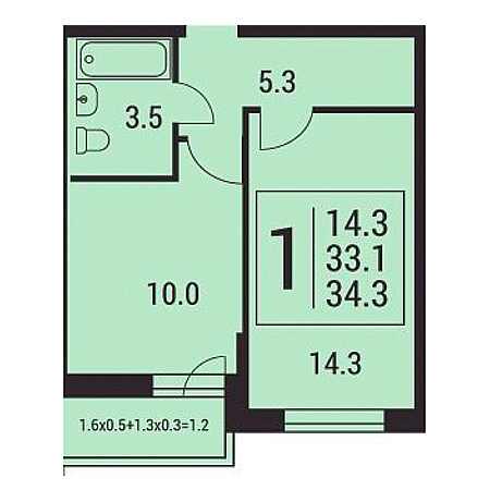 1 комнатная 34.3м²