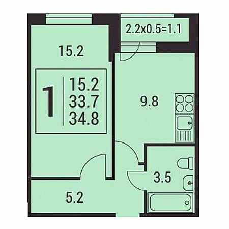 1 комнатная 34.8м²