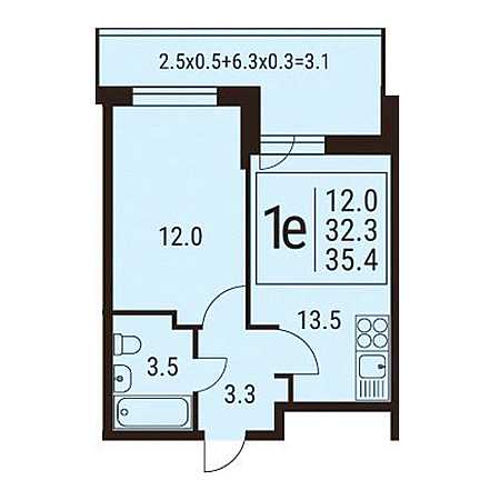 1 комнатная 35.4м²