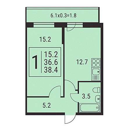 1 комнатная 38.4м²