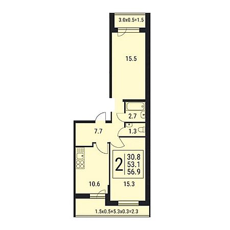 2 комнатная 56.9м²