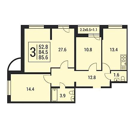 3 комнатная 85.6м²