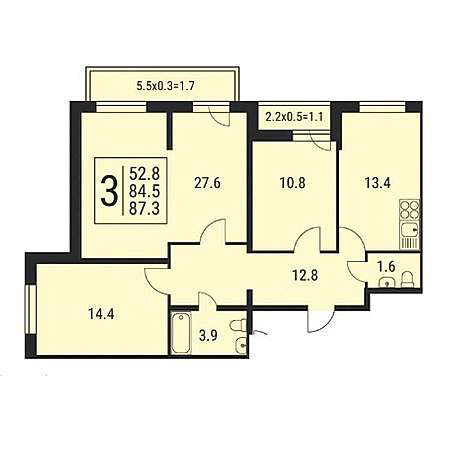 3 комнатная 87.3м²