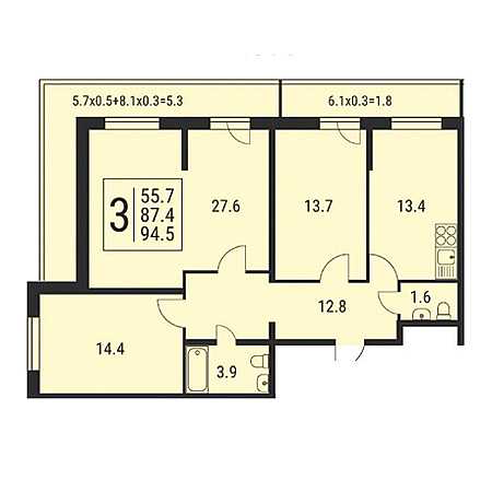 3 комнатная 94.5м²