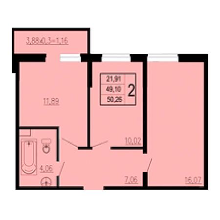 2 комнатная 50.26м²