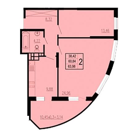 2 комнатная 63.98м²