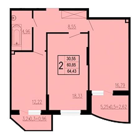 2 комнатная 64.43м²