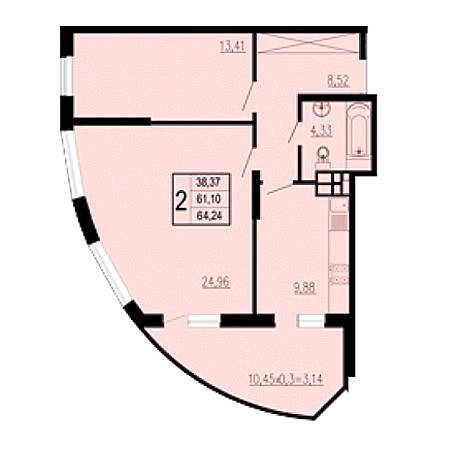 2 комнатная 64.24м²