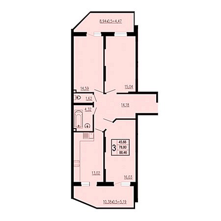 3 комнатная 88.46м²