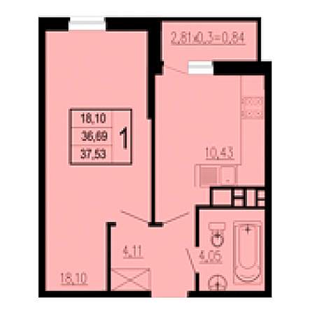 1 комнатная 37.53м²