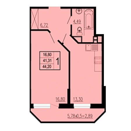 1 комнатная 44.2м²