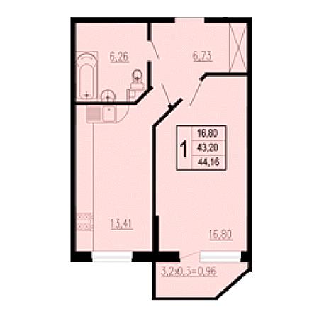 1 комнатная 44.16м²