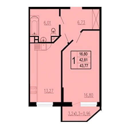 1 комнатная 43.77м²