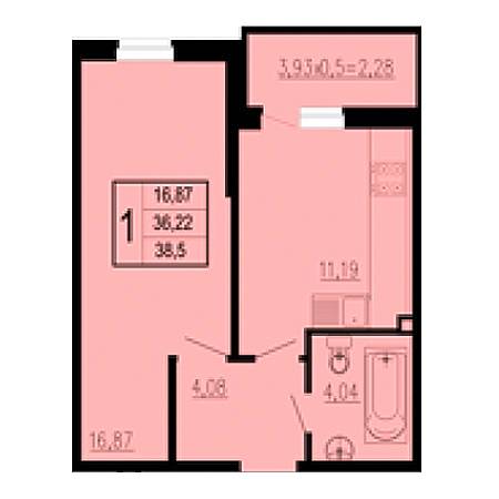 1 комнатная 38.5м²