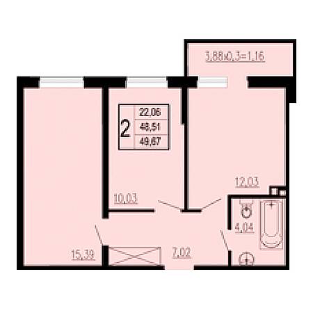 2 комнатная 49.67м²