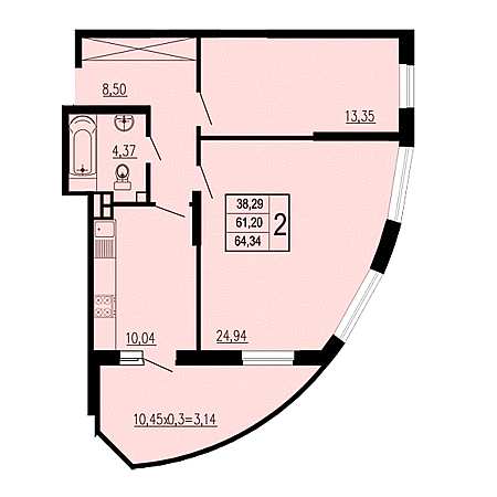 2 комнатная 64.34м²