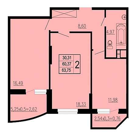 2 комнатная 63.75м²