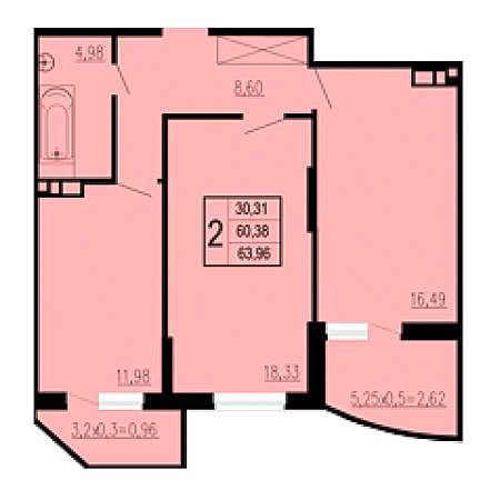 2 комнатная 63.96м²