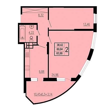 2 комнатная 63.98м²