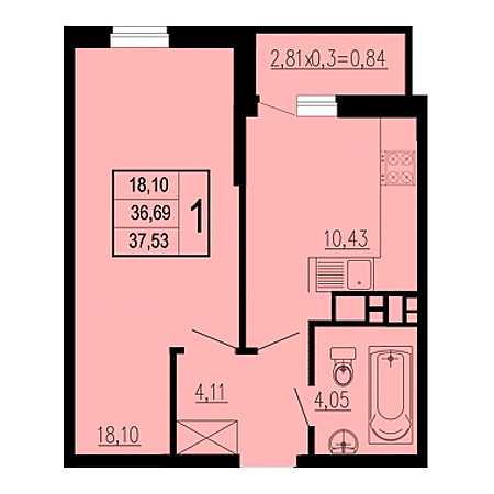 1 комнатная 37.53м²