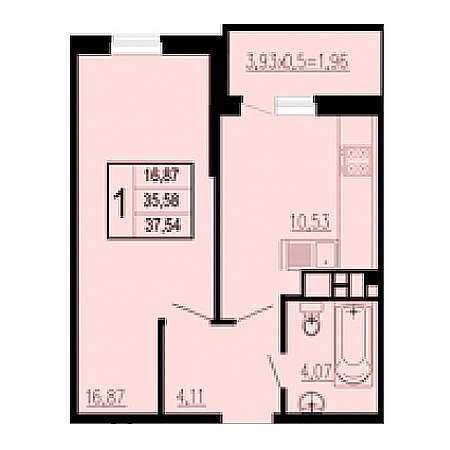 1 комнатная 37.54м²