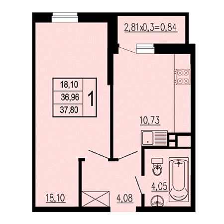 1 комнатная 37.8м²