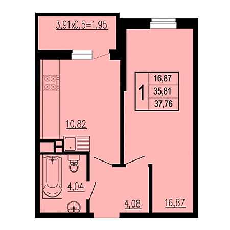 1 комнатная 37.76м²