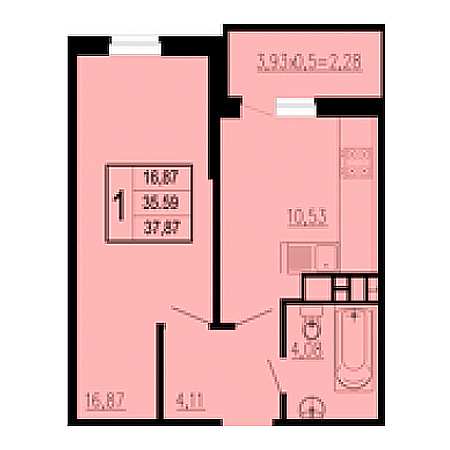 1 комнатная 37.87м²